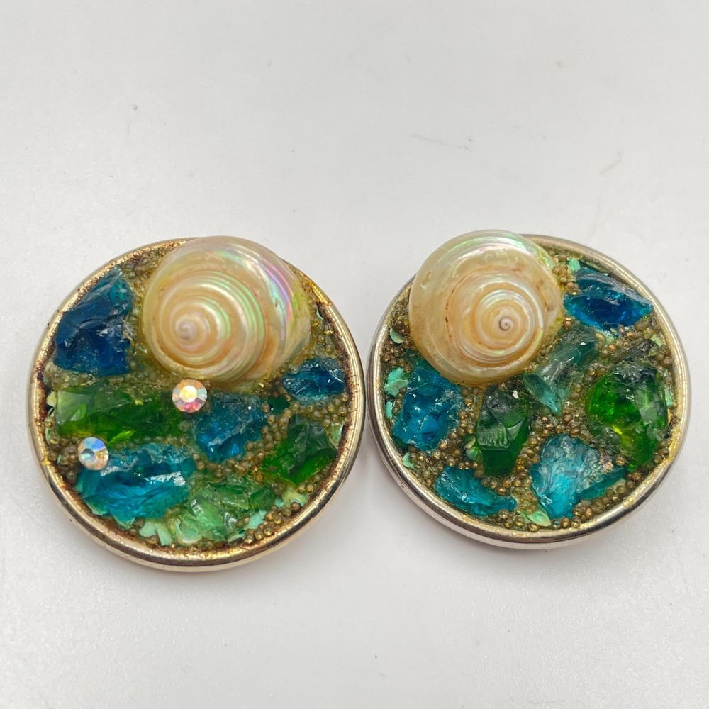 Vintage Sea Slag Glass Spiral Shell Clip On Earrings Green Blue Gold Tone